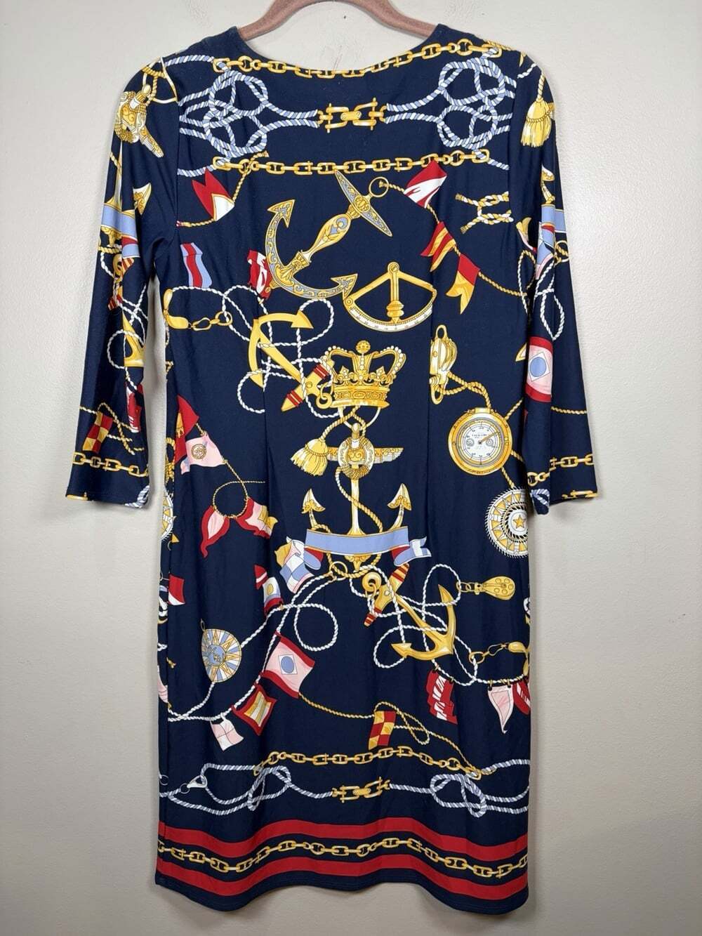 Talbots Nautical Shift Dress Size Medium Petite Blue Clock Anchor Stretch